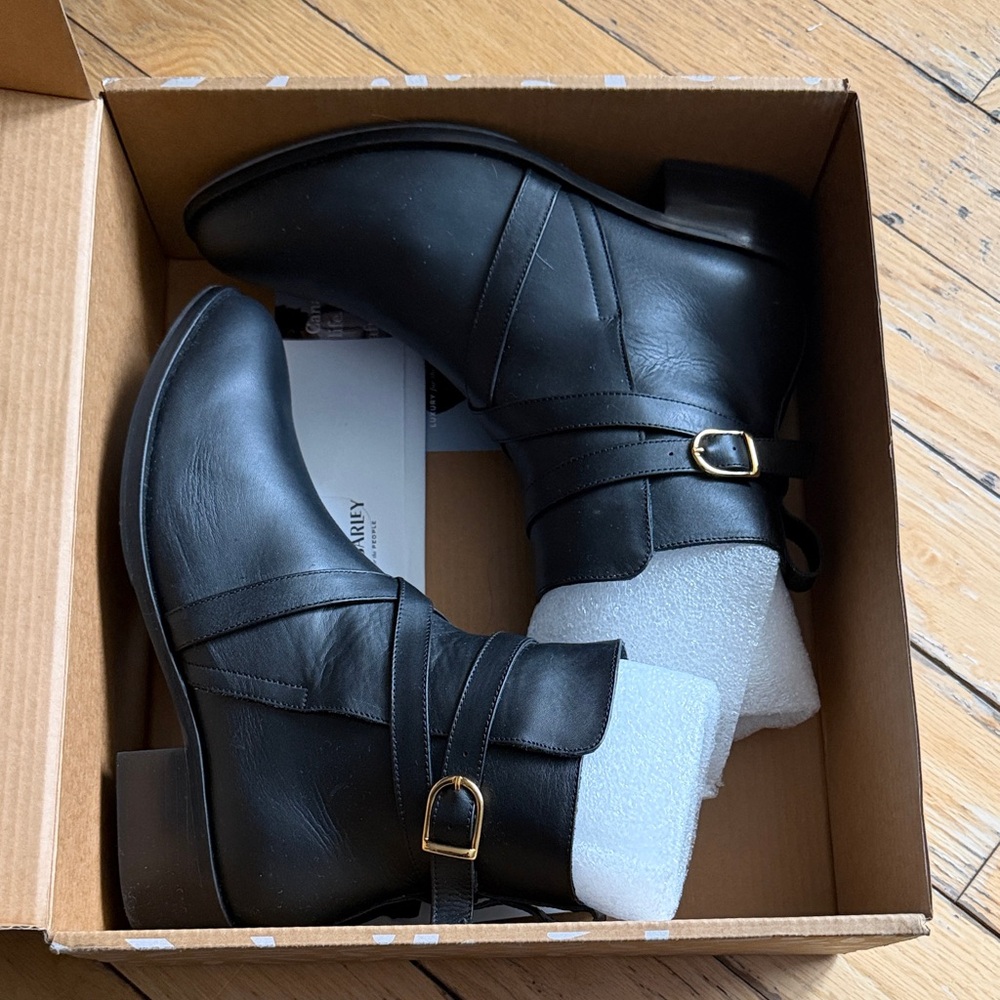 Poppy Barley Black Ankle Booties with Gold Buckle
